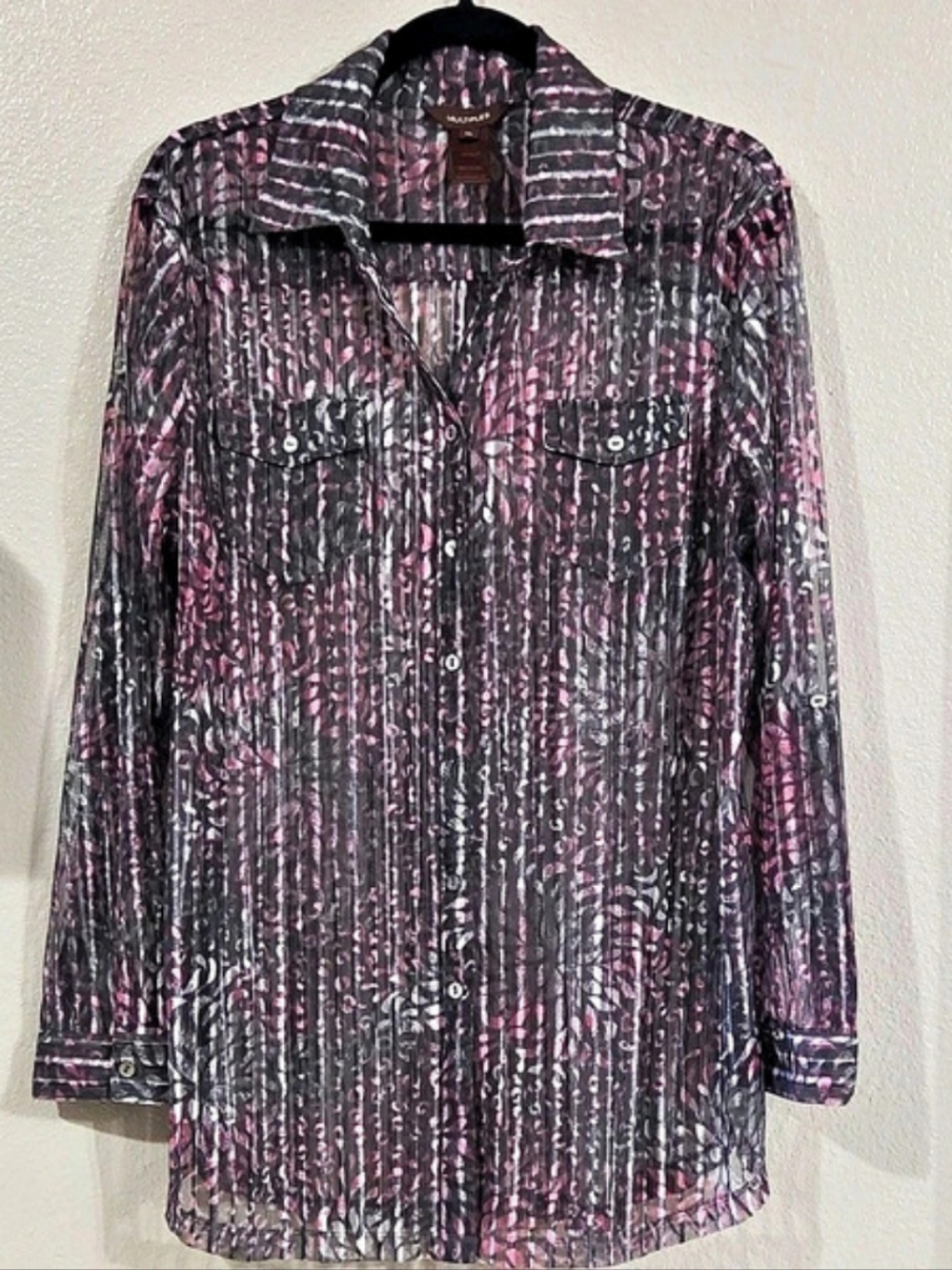 Multiples Sheer Abstract Print Button Down Shirt XL Like New